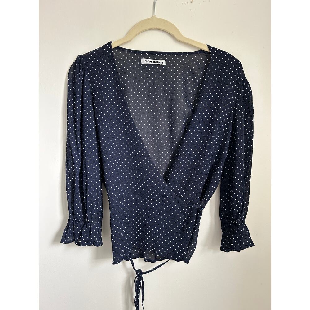 Reformation Dark Navy Blue Polka Dot Wrap Blouse Top, Coastal Chic Old Money, XS